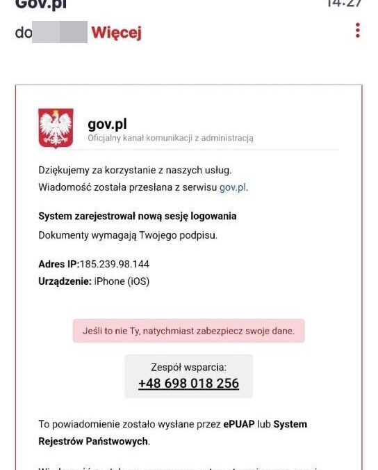 Ostrzeżenie przed fałszywymi e-mailami podszywającymi się pod gov.pl